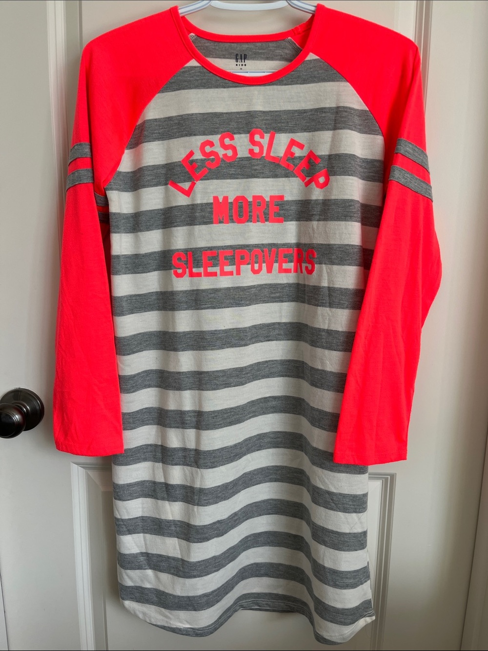 GAP Girls Neon Pink Raglan Sleeve Gray & White Striped Long Sleeve Tee